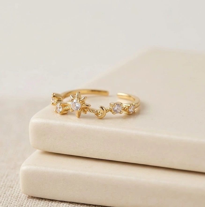 Celestial Star & Moon Dainty Ring | Anti-Tarnish Gold Plated