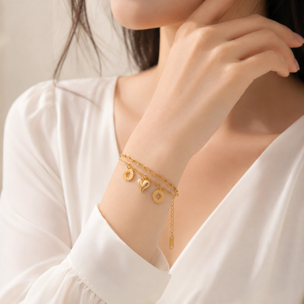 Heart & Star Double Layer Charm Bracelet | Anti-Tarnish Gold Plated