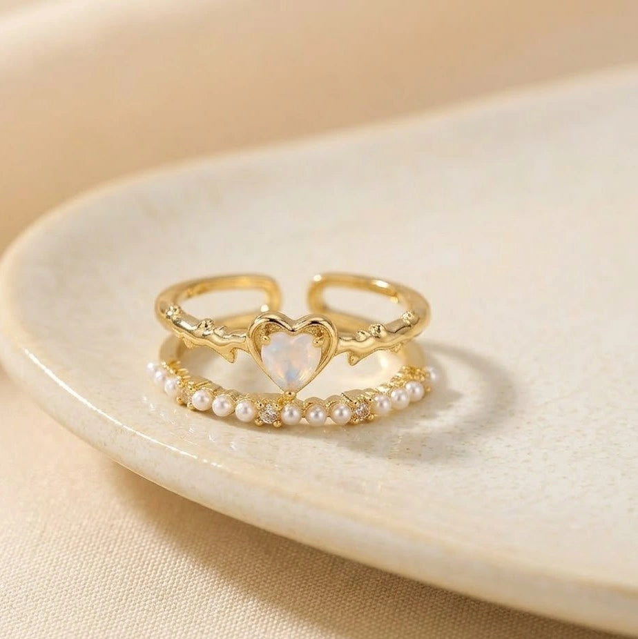 Heart Opal & Pearl Stacking Ring Set | Anti-Tarnish Gold Plated