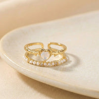 Heart Opal & Pearl Stacking Ring Set | Anti-Tarnish Gold Plated