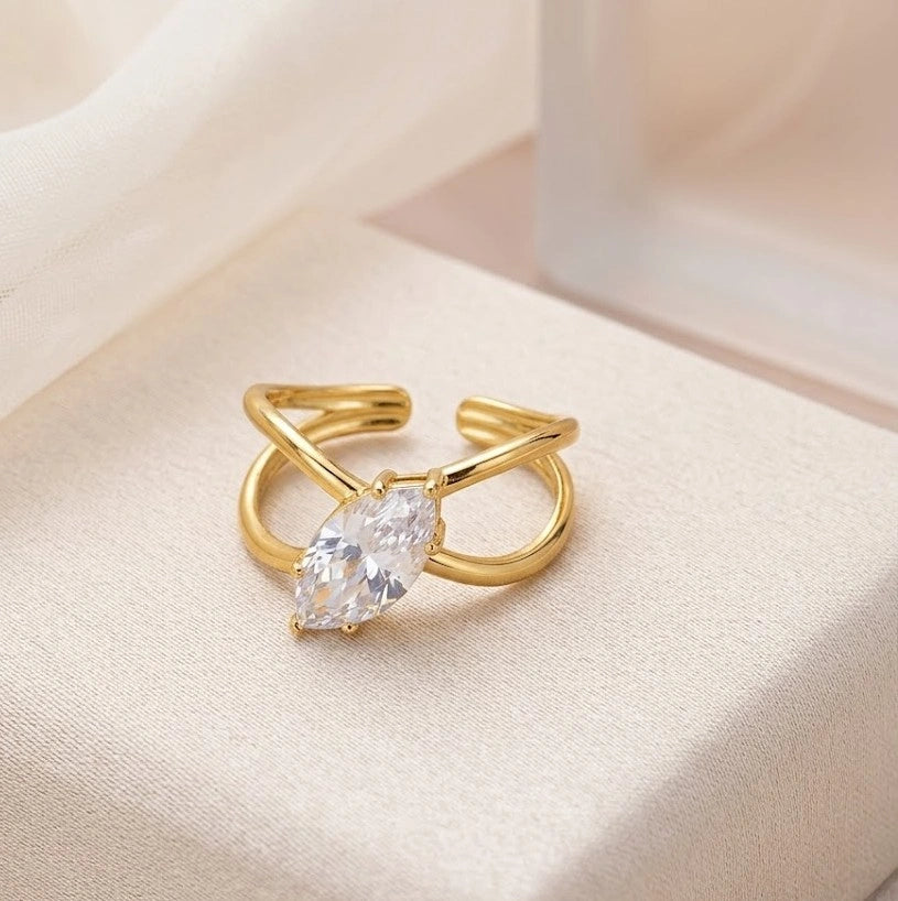 Anti-Tarnish Marquise Cut Gold Plated Adjustable Ring | Criss-Cross Open Design