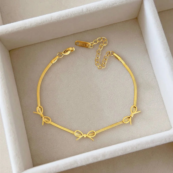 Bow Charm Snake Chain Bracelet - Anti-Tarnish Gold Plated Stainless Steel - Korean Style Dainty Ribbon Jewelry