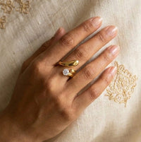 Crescent Wrap Anti Tarnish Solitaire Ring - Fluid Droplet Design