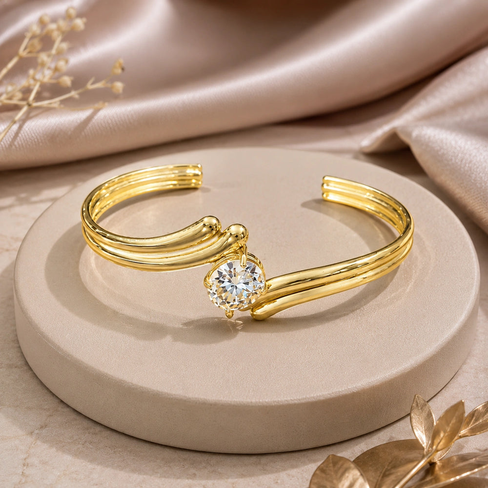 Anti-Tarnish Gold-Plated Solitaire Cuff Bracelet | Minimalist Open Bangle