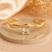 Wavy Square Crystal Cuff Bracelet - Anti Tarnish Gold Plated