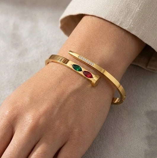 Korean Nail Cuff Bracelet with Gemstones - Anti Tarnish Gold Plated