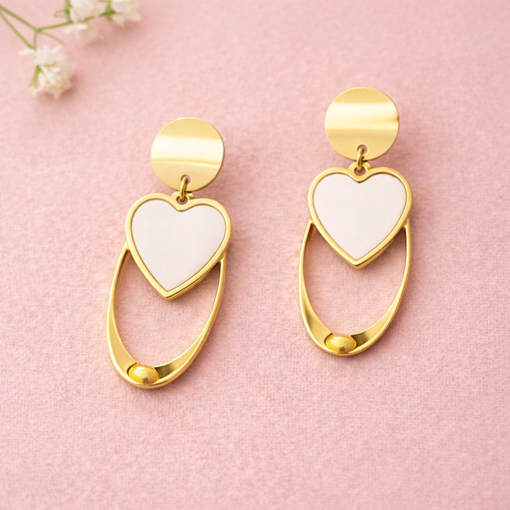 White Heart Oval Drop Earrings | Anti-Tarnish Gold Plated