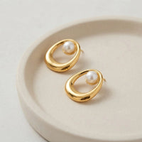Oval Pearl Stud Earrings - Anti-Tarnish Gold Plated