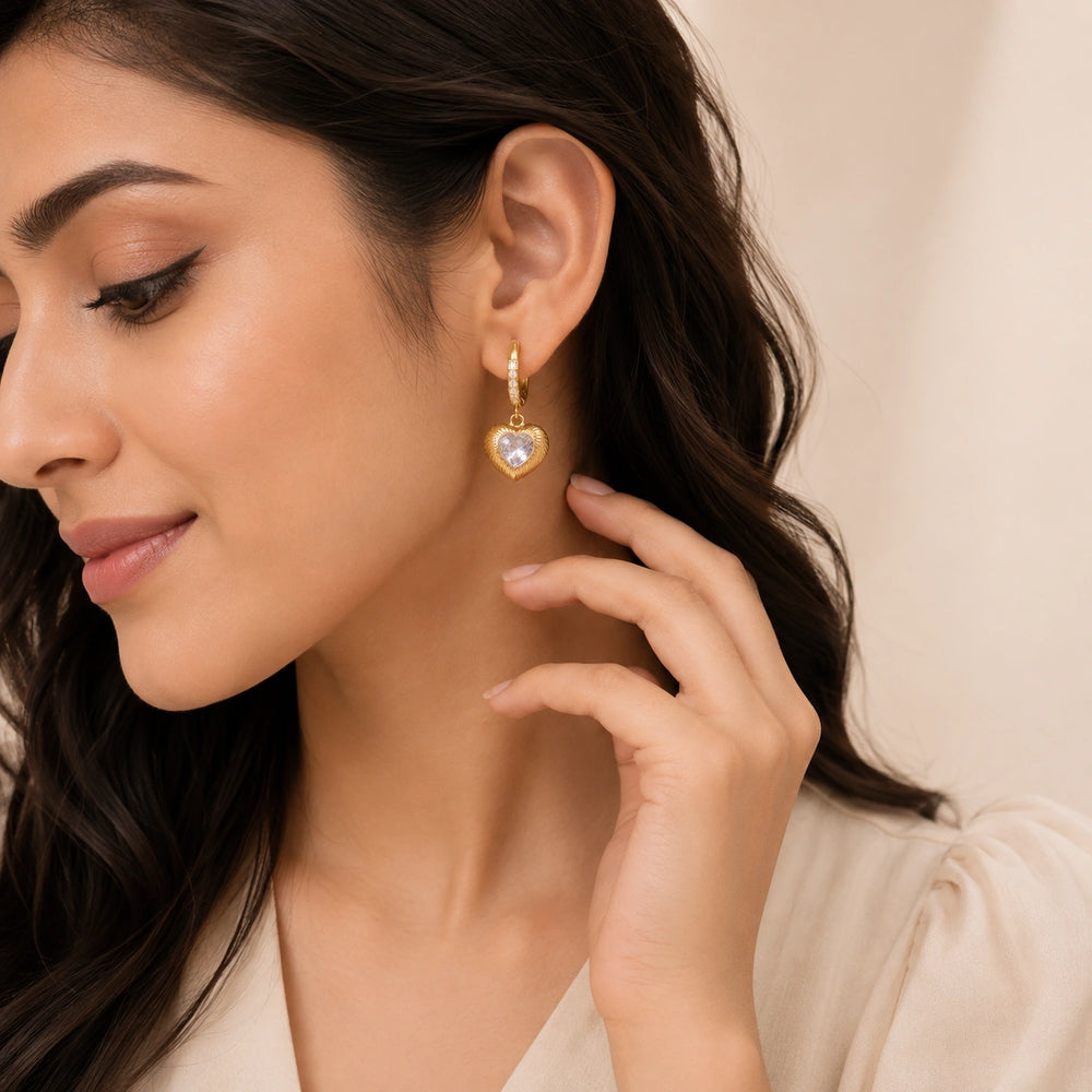 Crystal Heart Dangle Hoop Earrings | Anti-Tarnish Gold Plated