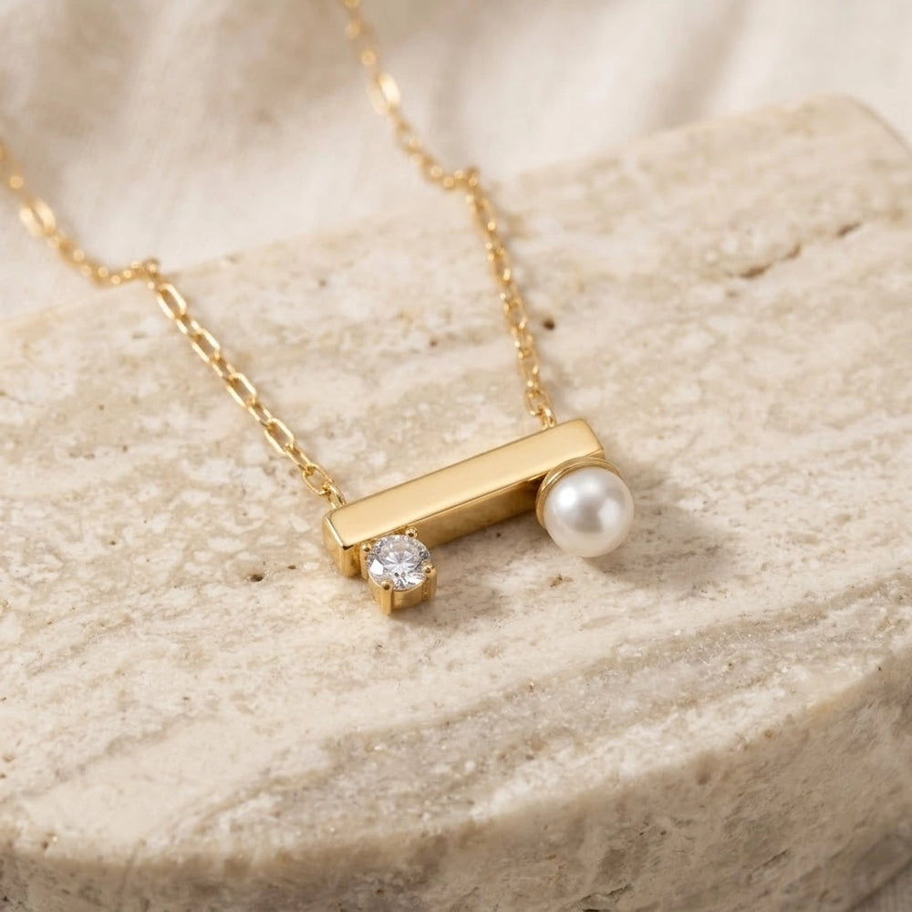 Minimalist Pearl & Crystal Bar Necklace | Anti Tarnish Gold Plated