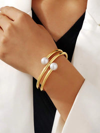 Korean Pearl Double Band Gold Plated Cuff Bracelet