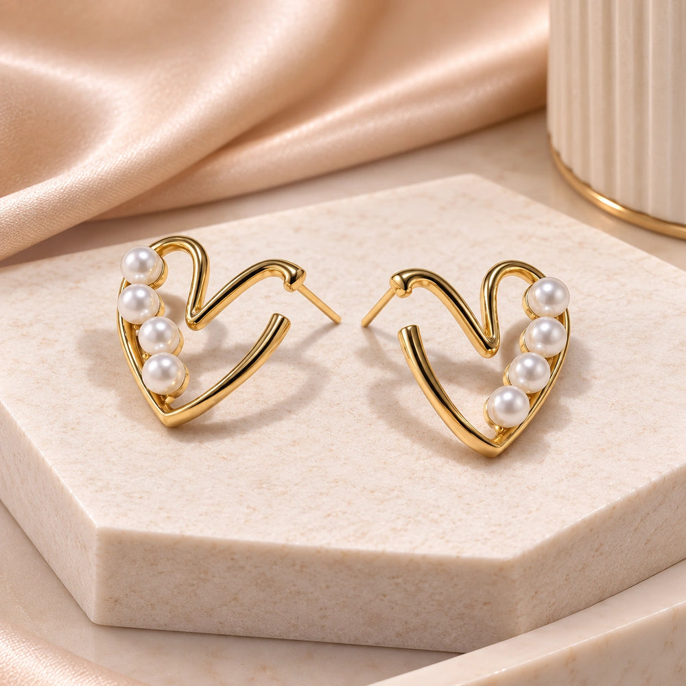 Gold Plated Pearl Heart Earrings - Minimalist Korean Fashion Jewelry