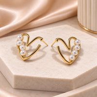 Gold Plated Pearl Heart Earrings - Minimalist Korean Fashion Jewelry