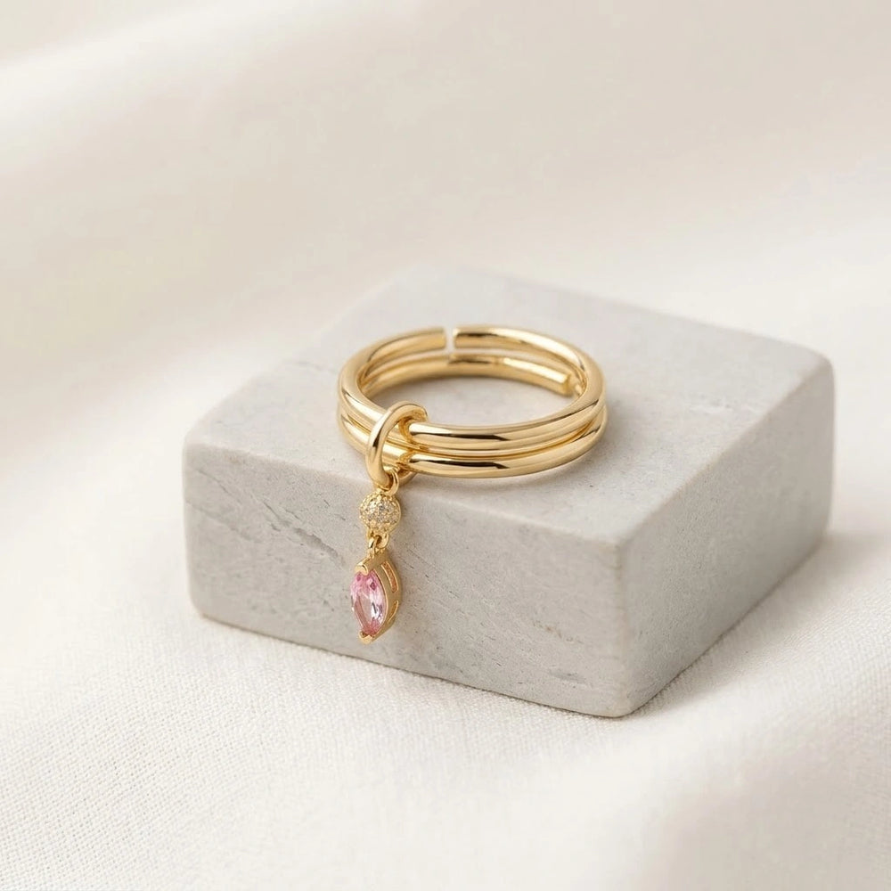 Minimalist Pink Charm Dangle Ring - Anti Tarnish Gold Plated