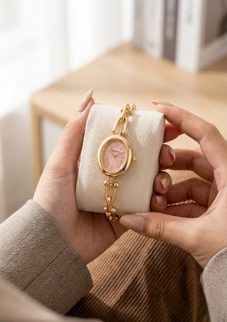 Moncheri Luxury Pastel Pink Oval Anti-Tarnish Gold Plated Chain Link Watch