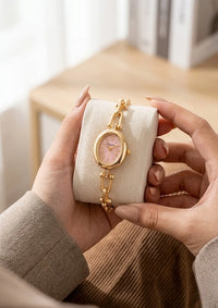 Moncheri Luxury Pastel Pink Oval Anti-Tarnish Gold Plated Chain Link Watch