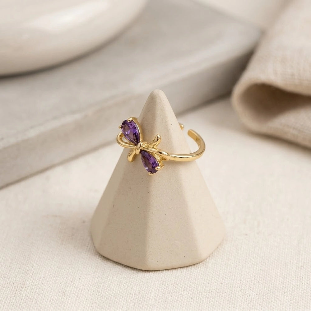 Purple Crystal Bow Ring - Anti-Tarnish Gold Plated Minimalist Jewelry
