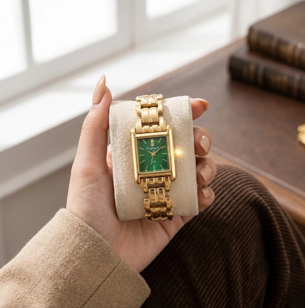 Emerald Green Minimalist Rectangular Anti-Tarnish Gold Plated Watch for Women