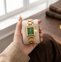 Emerald Green Minimalist Rectangular Anti-Tarnish Gold Plated Watch for Women