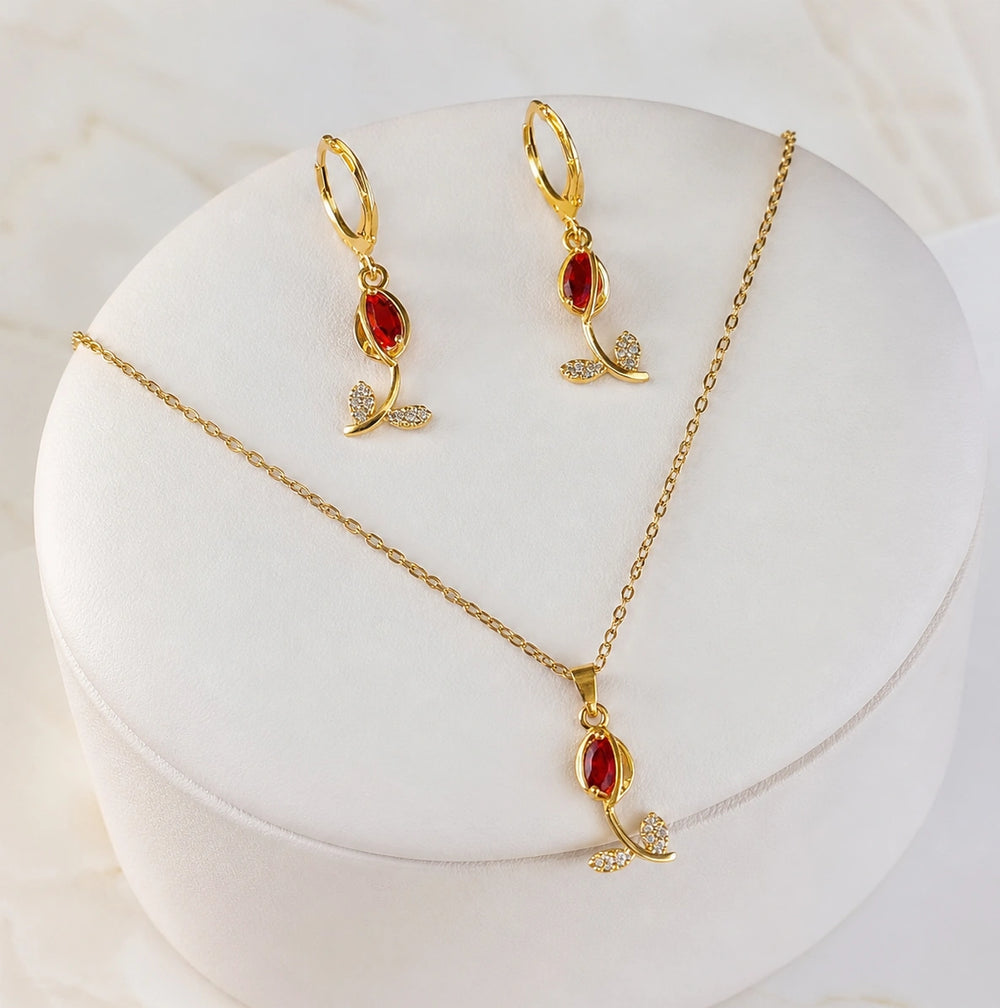Red Tulip Necklace and Earring Set - Anti-Tarnish Floral Jewelry Combo