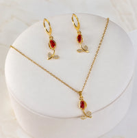 Red Tulip Necklace and Earring Set - Anti-Tarnish Floral Jewelry Combo