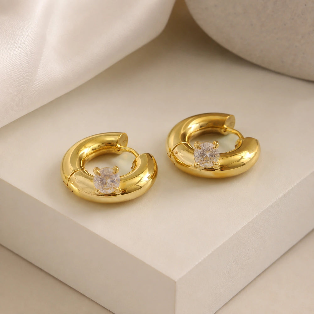 Chunky Solitaire Hoop Earrings - Anti Tarnish Gold Plated