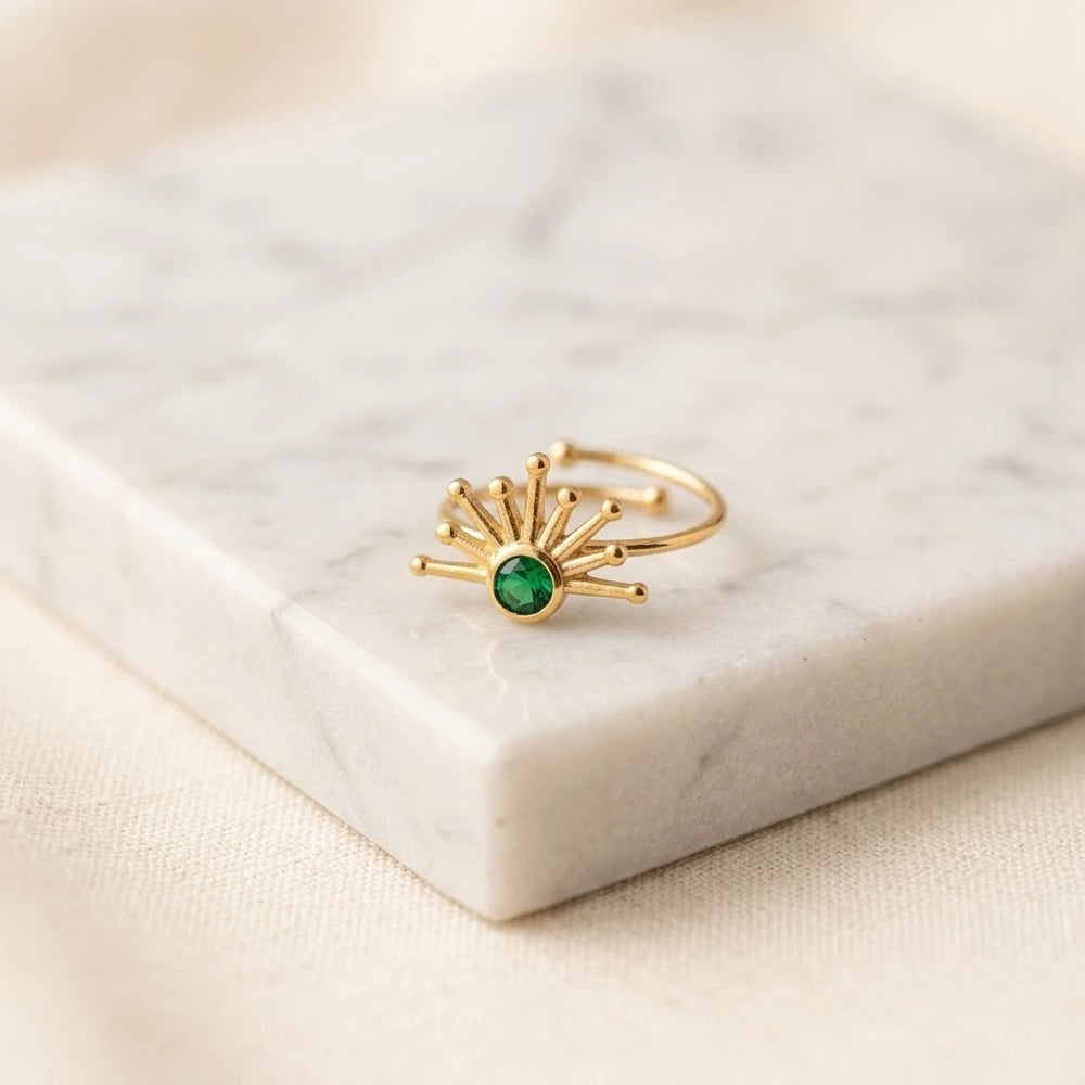 Sunburst Green Stone Adjustable Ring - Anti Tarnish Gold Plated