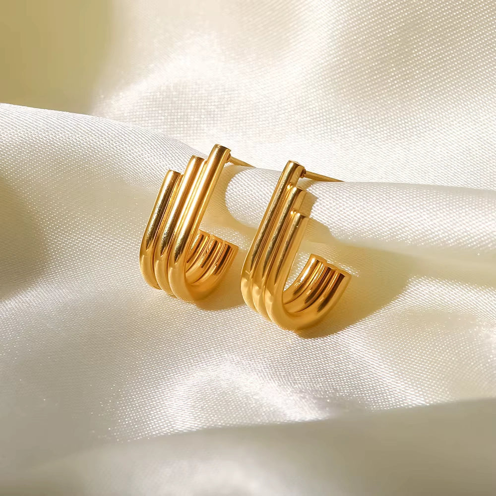 Triple Layered U-Shape Anti Tarnish Gold Plated Stud Earrings