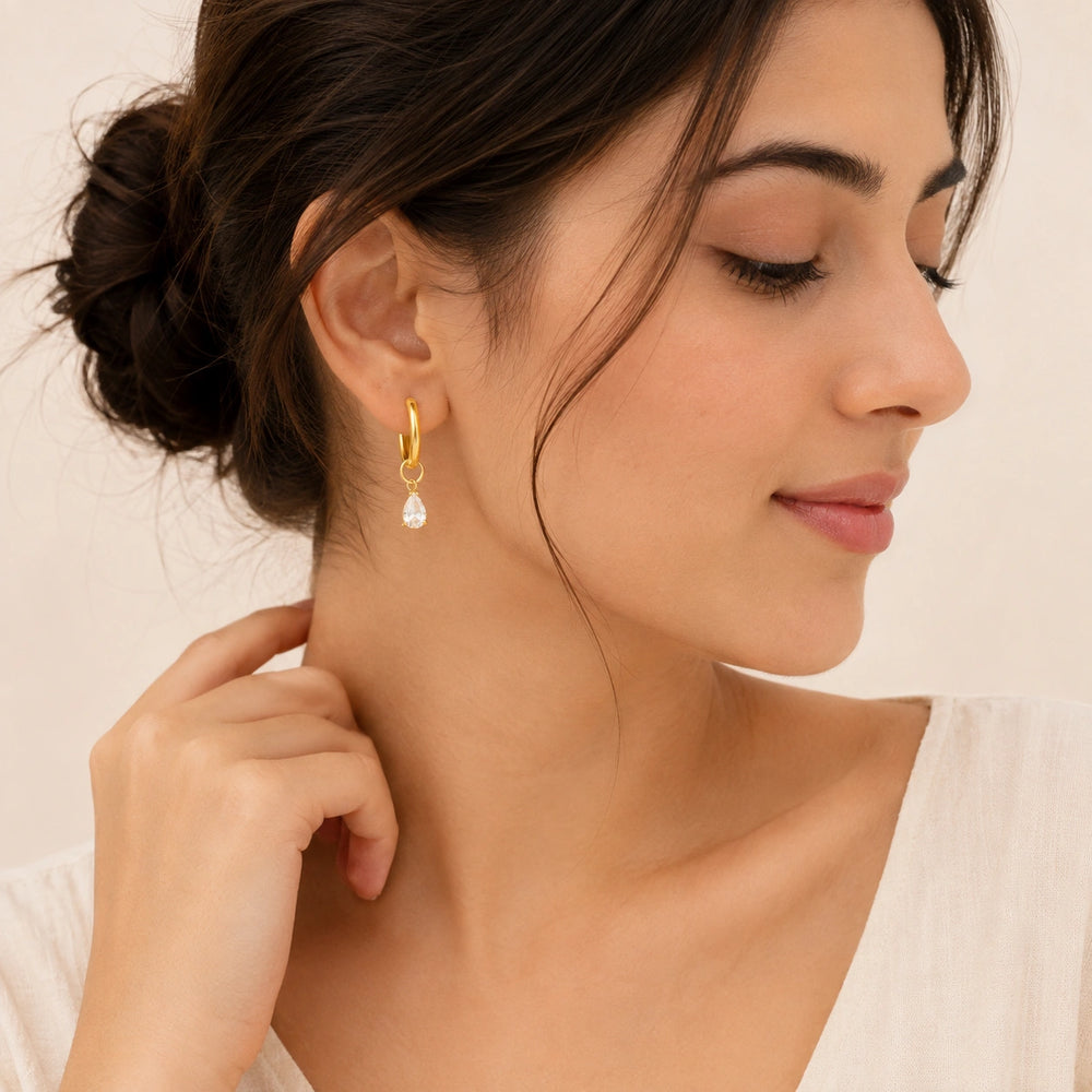 Crystal Teardrop Hoop Earrings - Anti Tarnish Gold Plated