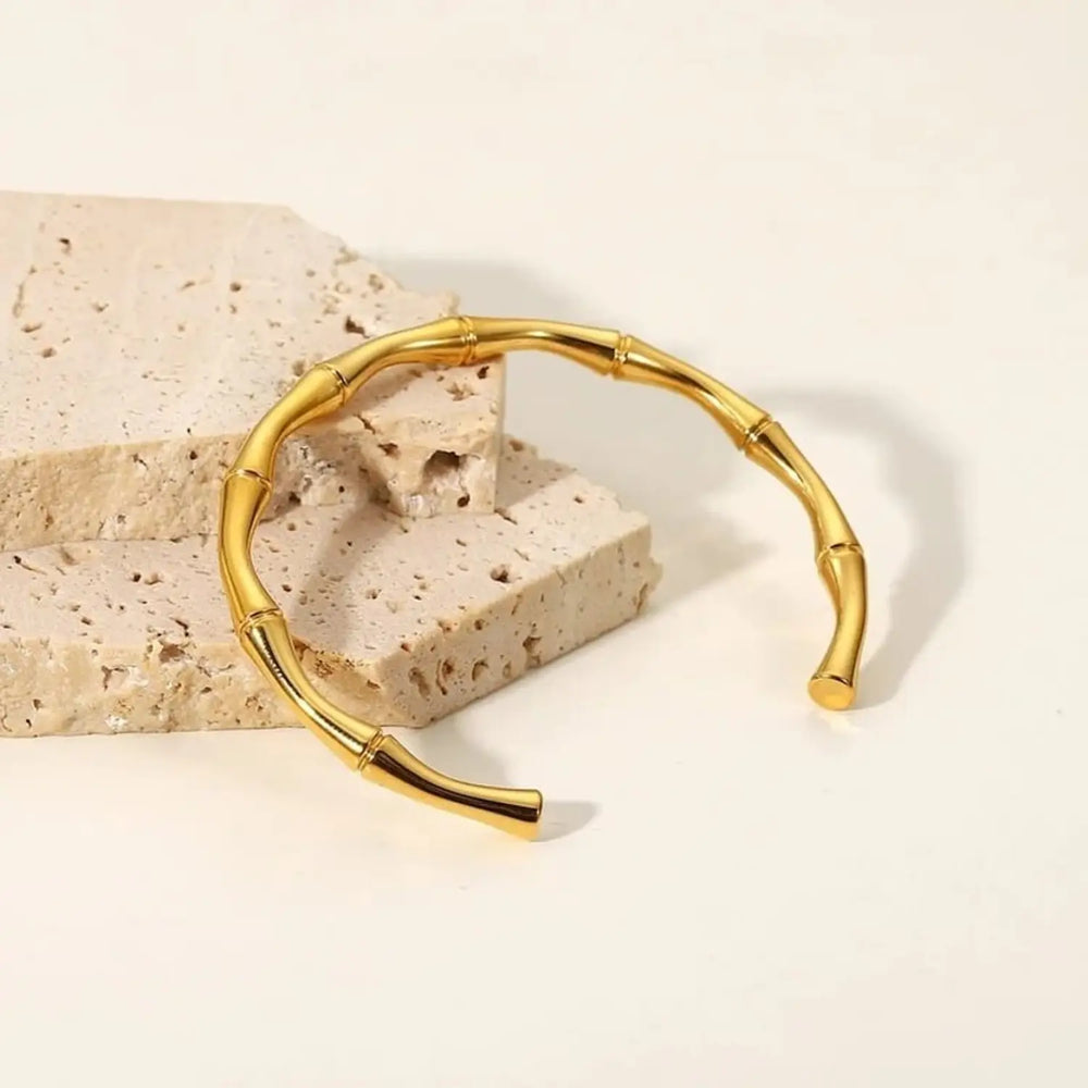 Bamboo Design Gold Plated Open Cuff Bracelet | Anti-Tarnish Korean Style Bangle
