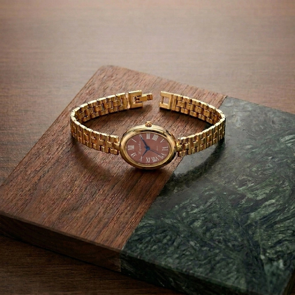 Vintage Maroon Dial Oval Watch | Anti-Tarnish Gold Plated Chain Watch