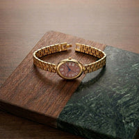 Vintage Maroon Dial Oval Watch | Anti-Tarnish Gold Plated Chain Watch
