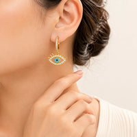 Evil Eye Dangle Hoop Earrings | Anti Tarnish Gold Plated | Minimalist Everyday Jewelry
