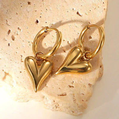 Puffy Heart Drop Hoop Earrings - Anti Tarnish Gold Plated