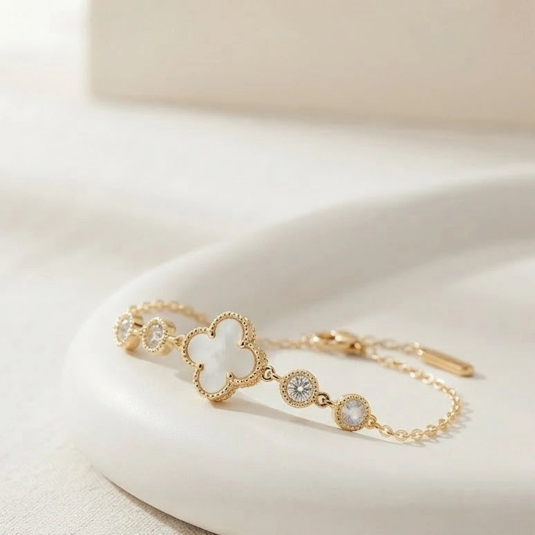 White Clover Motif Gold Plated Bracelet | Anti-Tarnish