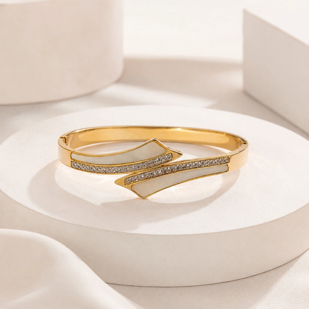 Anti-Tarnish Gold-Plated Bypass Bracelet with White Inlay & CZ Crystals