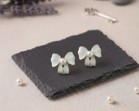 Korean Style Mint Enamel Bow Earrings with Pearl – Coquette Ribbon Studs for Her