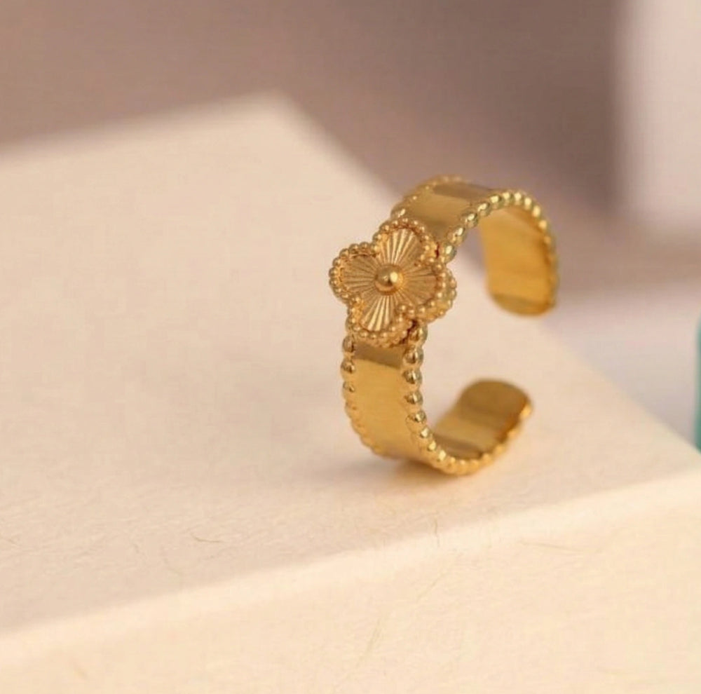 Anti-Tarnish Gold Plated Clover Motif Ring - Adjustable Floral Band