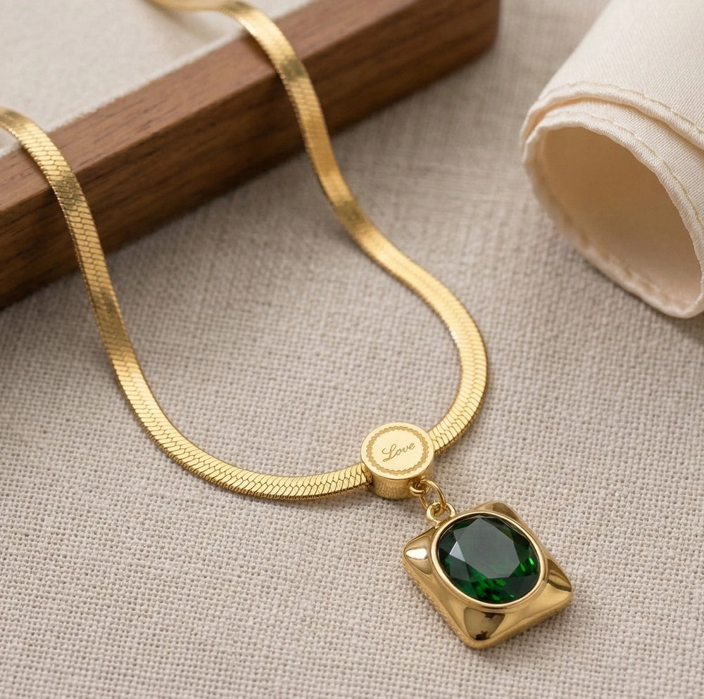 Emerald Green Stone Pendant Anti-Tarnish Gold Plated Necklace - Snake Chain