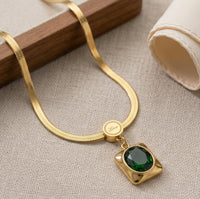 Emerald Green Stone Pendant Anti-Tarnish Gold Plated Necklace - Snake Chain