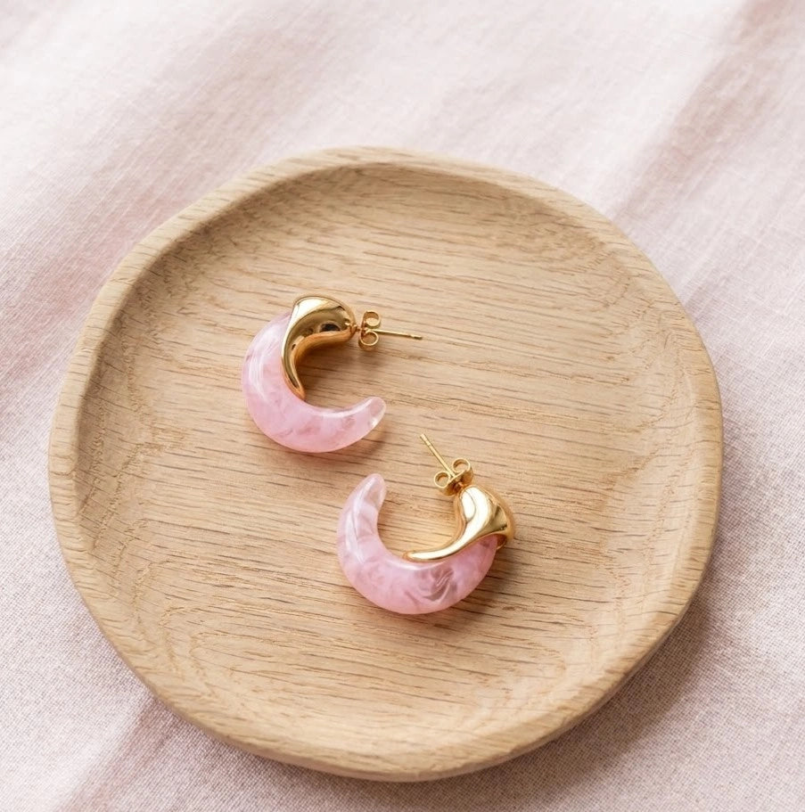Pink Resin Statement Hoop Earrings - Dual Tone Chunky Fashion Jewelry