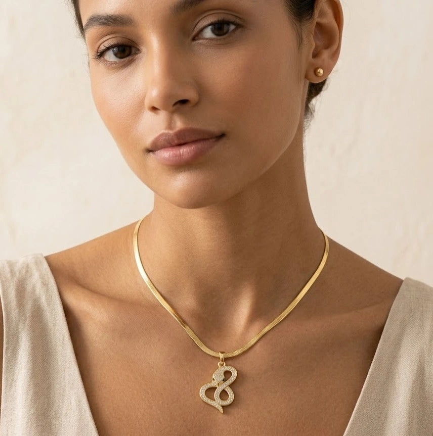 Crystal Serpent Snake Pendant Necklace - Anti-Tarnish Gold-Plated
