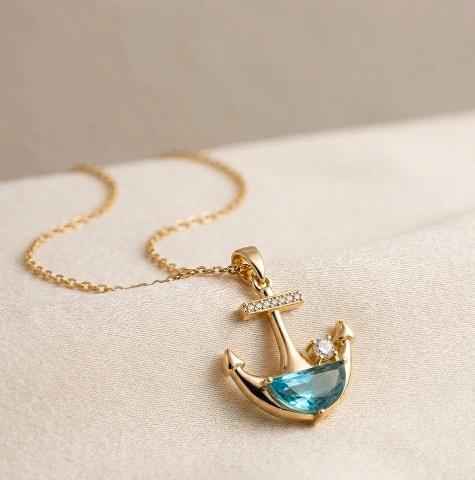 Nautical Anchor Blue Crystal Pendant Necklace - Anti Tarnish