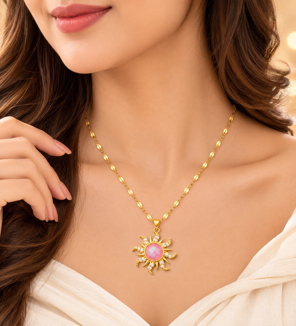 Anti Tarnish Gold Plated Sunburst Necklace with Pink Stone