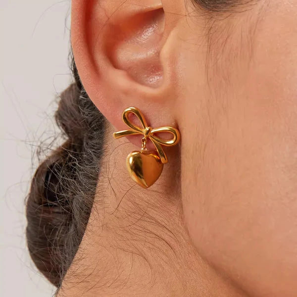 Gold Plated Ribbon Bow & Heart Earrings | Anti-Tarnish Korean Style Drop Studs