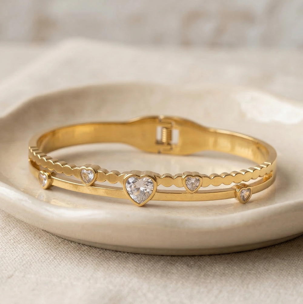 Crystal Heart Gold Bangle Bracelet for Women - Premium Designer Jew
