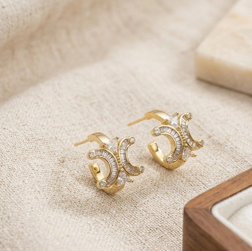 Crystal C-Shape Stud Earrings in Gold | High-Quality Fashion Jewelry