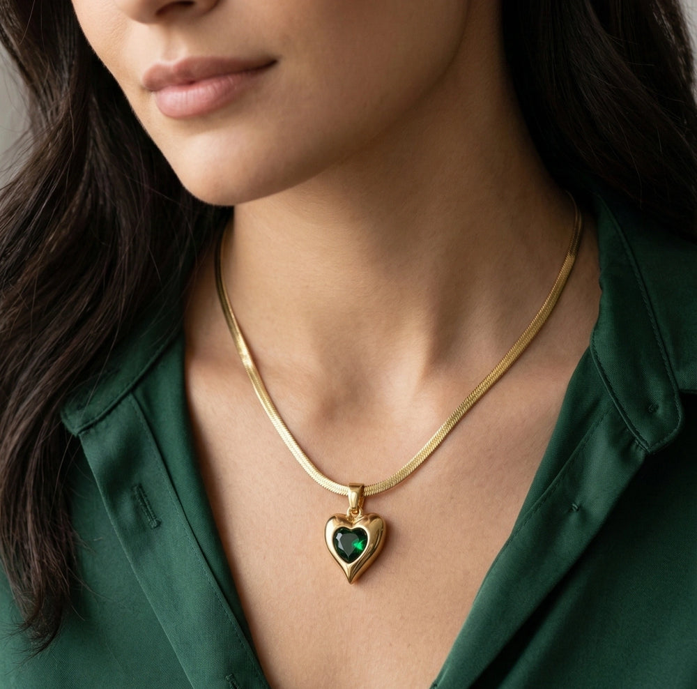 Emerald Green Heart Pendant Necklace - Anti Tarnish Gold Plated Snake Chain