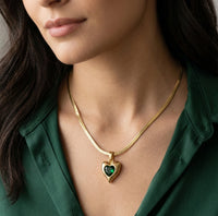 Emerald Green Heart Pendant Necklace - Anti Tarnish Gold Plated Snake Chain