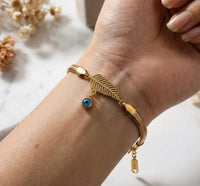 Evil Eye & Leaf Charm Snake Chain Bracelet | Anti-Tarnish Gold Plated